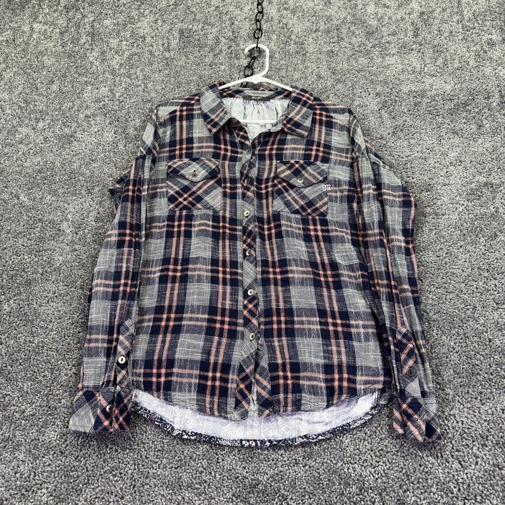 Miss Me Shirt Womens Large Gray Plaid Long Sleeve Button Up Contrast Back Casual
